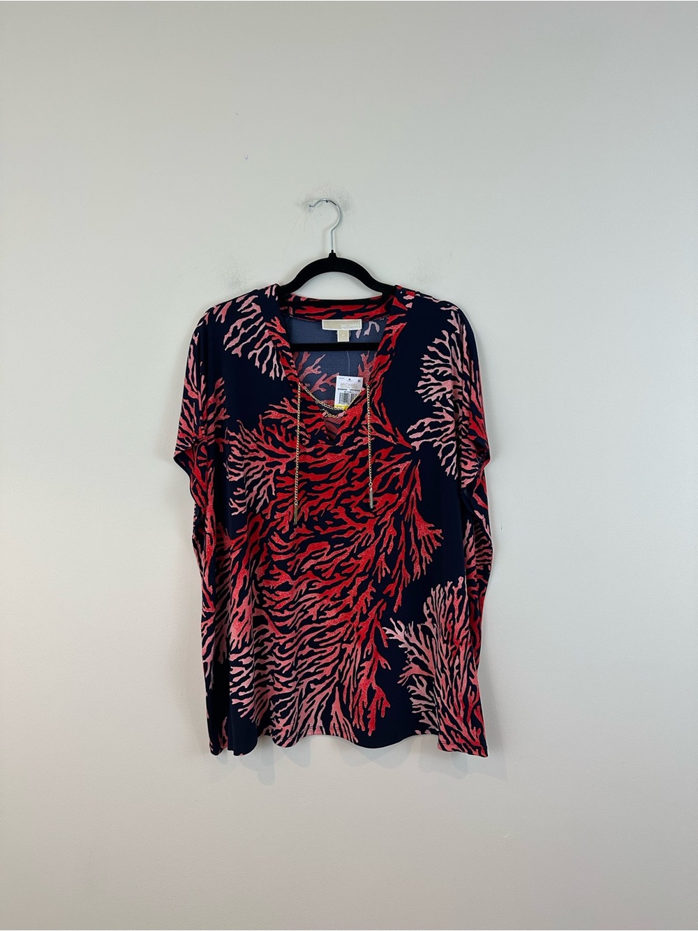 Michael Kors Navy Chain Tie Coral Print Short Sleeve Blouse Size Medium NWT